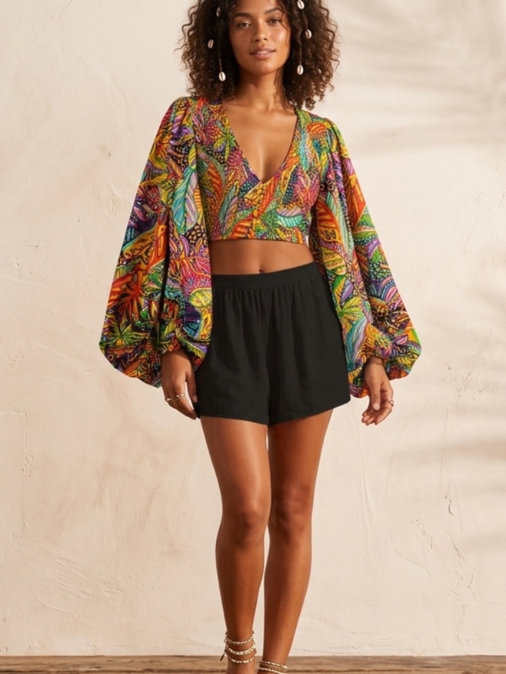 Live 4 Truth Tropical Print Smocked Crop Top Billowy Long Sleeves Sz S Boho